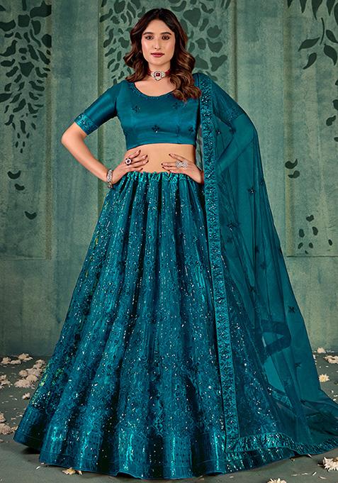 Stunning Teal Velvet Lehenga for Bridesmaids & Brides Beaded Blouse & Net Dupatta - Buy main image 1