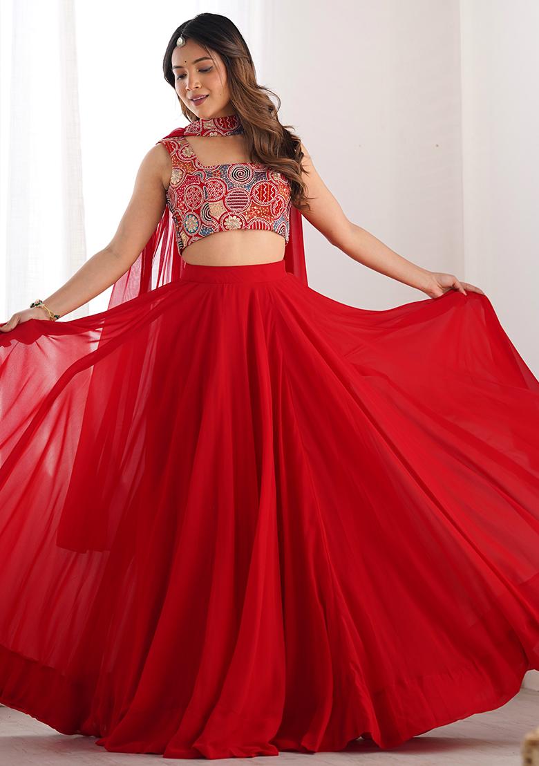 Red Solid Georgette Lehenga Set
