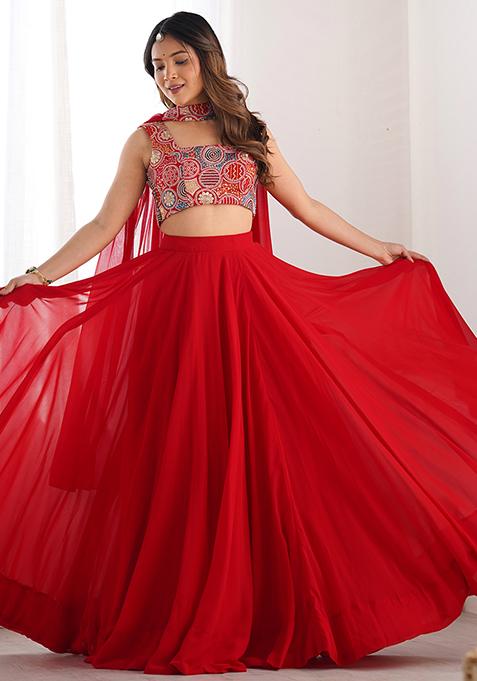 Red Solid Georgette Lehenga Set
