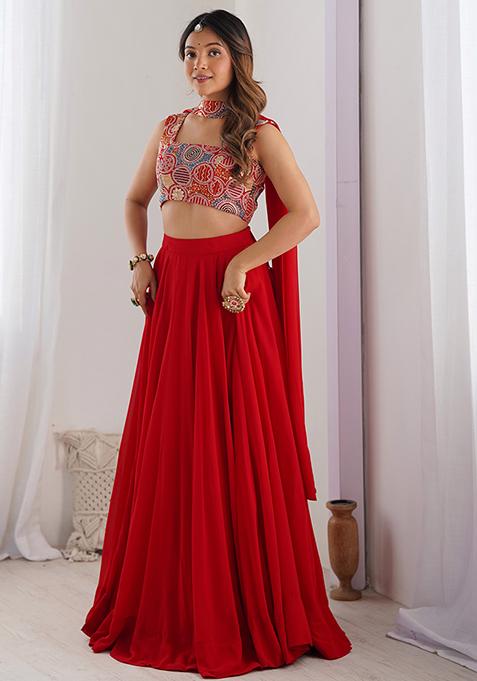 Red Solid Georgette Lehenga Set