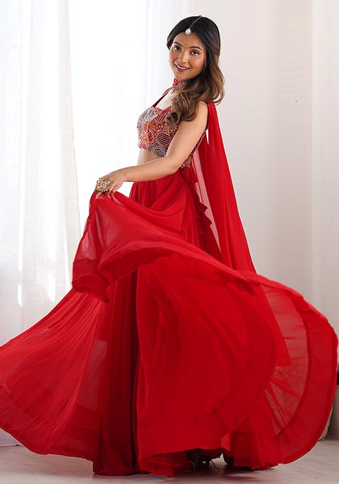 Red Solid Georgette Lehenga Set