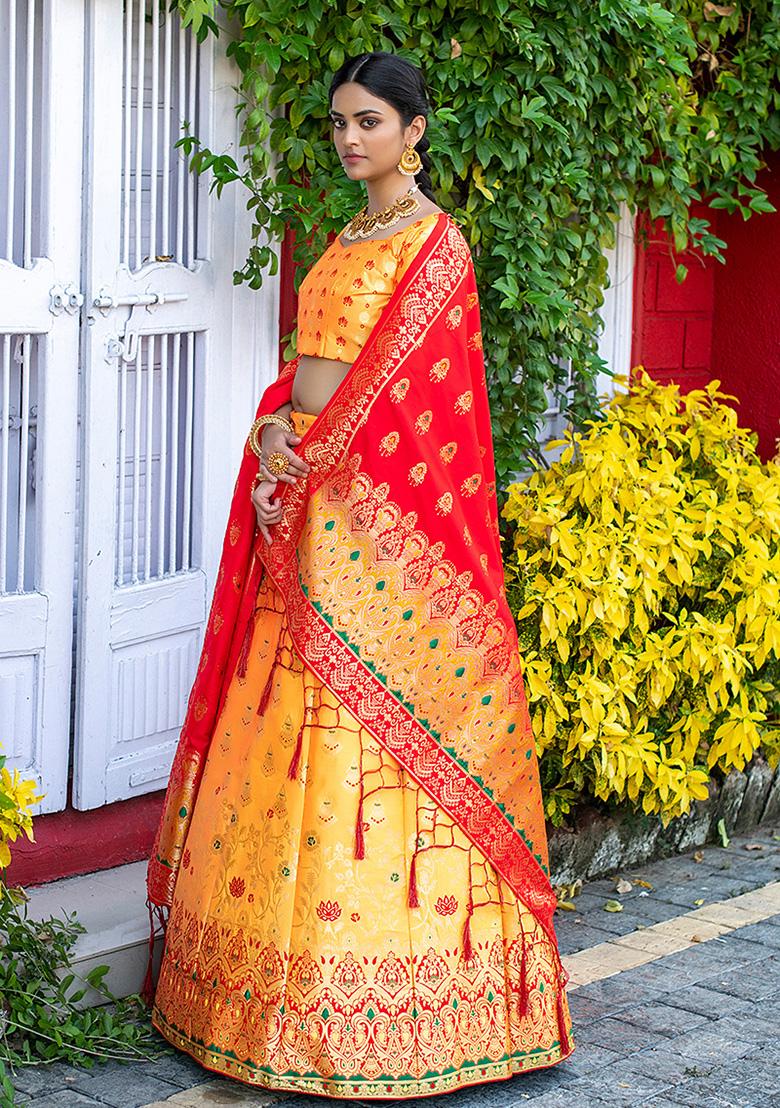 Yellow Woven Soft Silk Lehenga Set