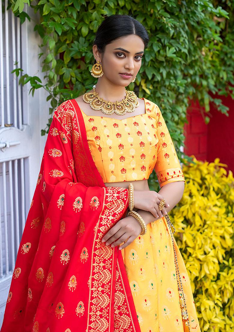 Yellow Woven Soft Silk Lehenga Set