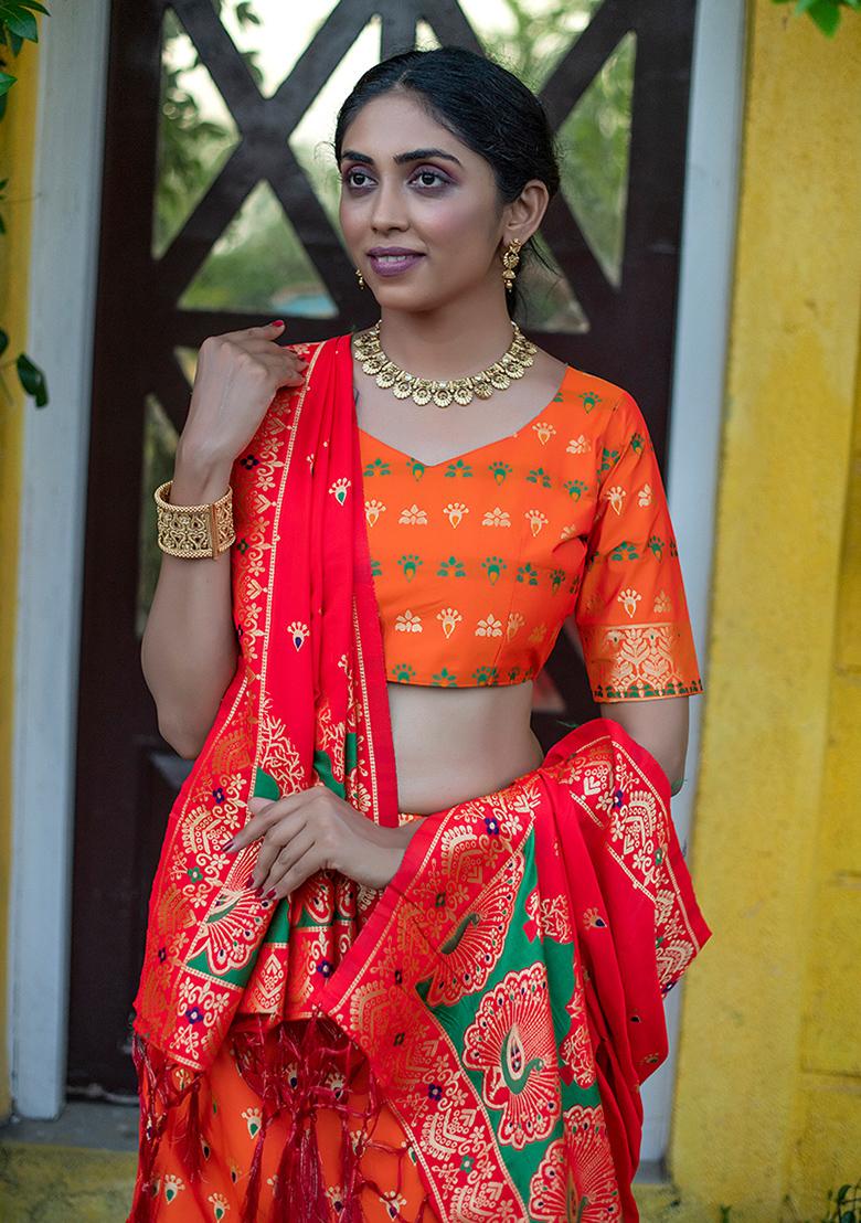 Dark Orange Woven Soft Silk Lehenga Set