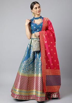 Blue Woven Banarasi Silk Lehenga Set