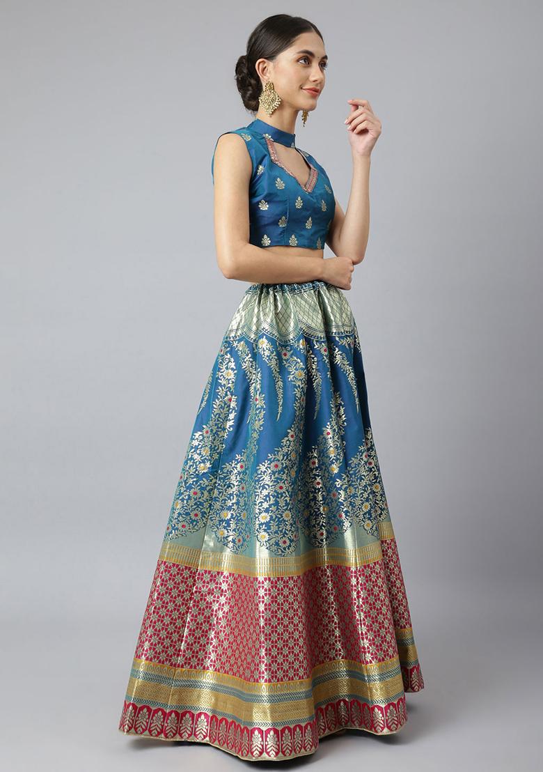 Blue Woven Banarasi Silk Lehenga Set