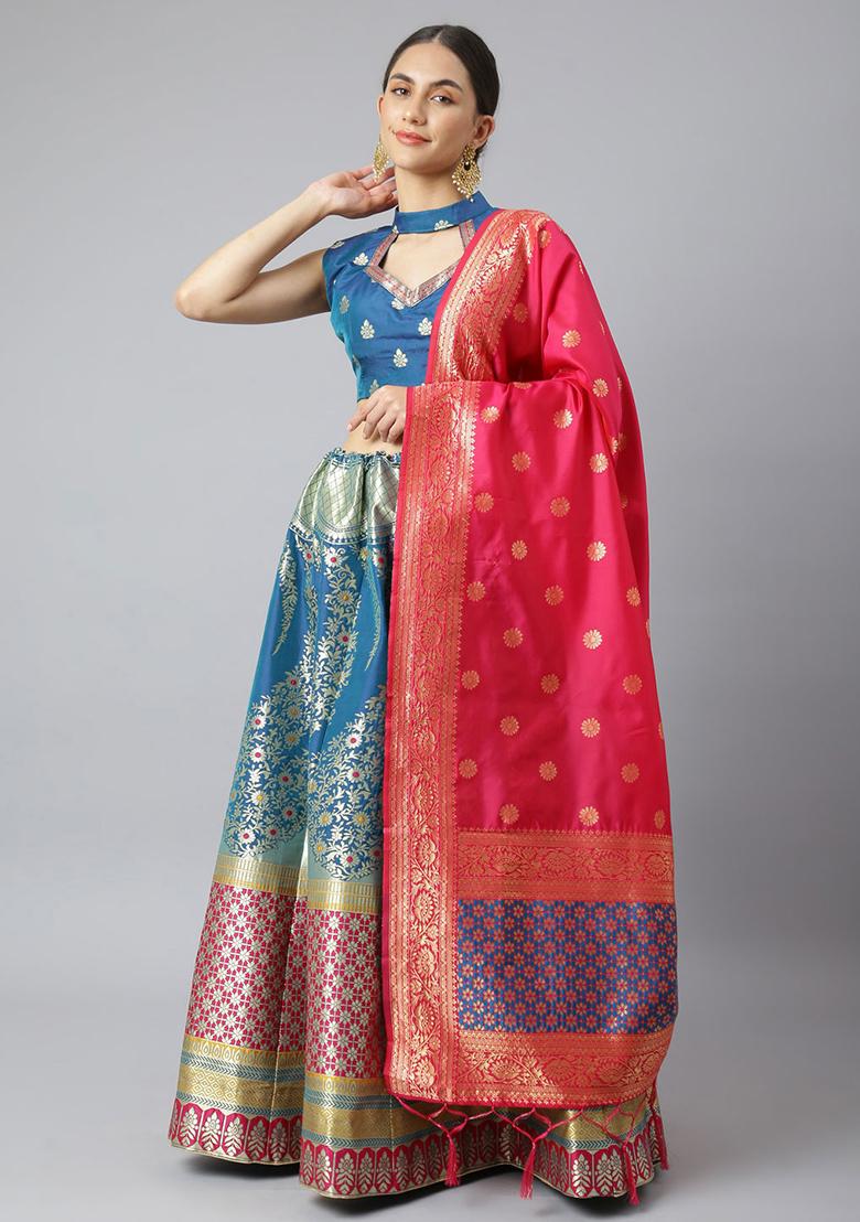 Blue Woven Banarasi Silk Lehenga Set