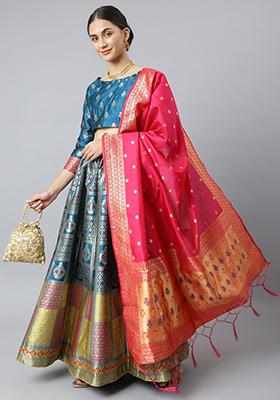 Blue Woven Banarasi Silk Lehenga Set