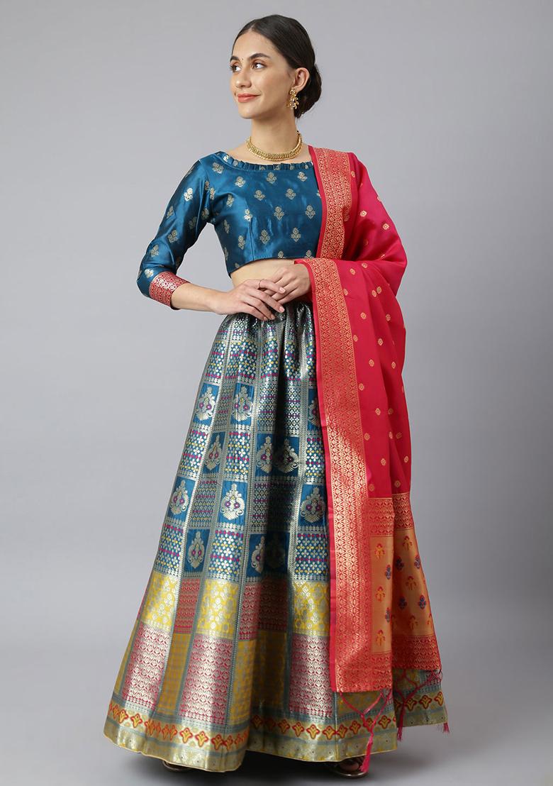 Blue Woven Banarasi Silk Lehenga Set