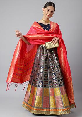 Navy Blue Woven Banarasi Silk Lehenga Set