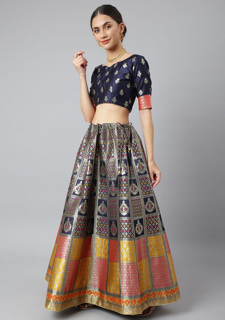 Navy Blue Woven Banarasi Silk Lehenga Set