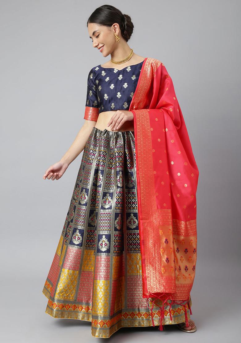 Navy Blue Woven Banarasi Silk Lehenga Set