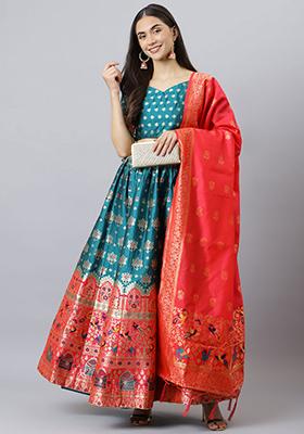 Blue Woven Banarasi Silk Lehenga Set