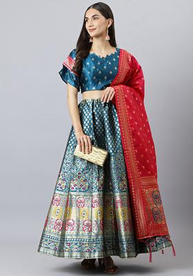 Blue Woven Banarasi Silk Lehenga Set