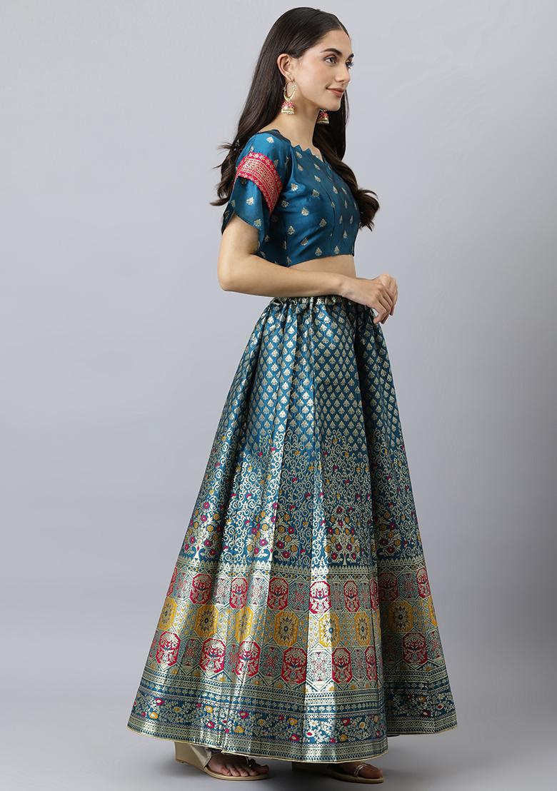 Blue Woven Banarasi Silk Lehenga Set