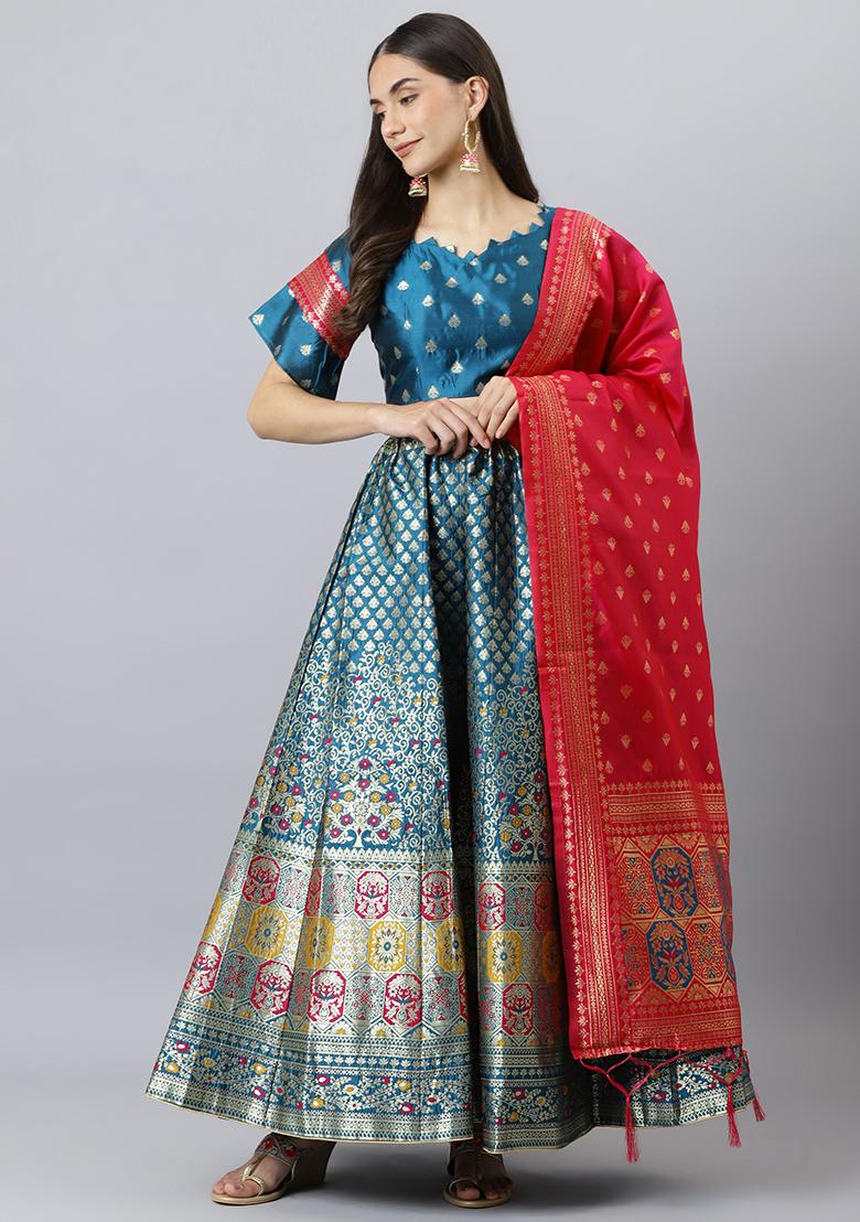 Blue Woven Banarasi Silk Lehenga Set