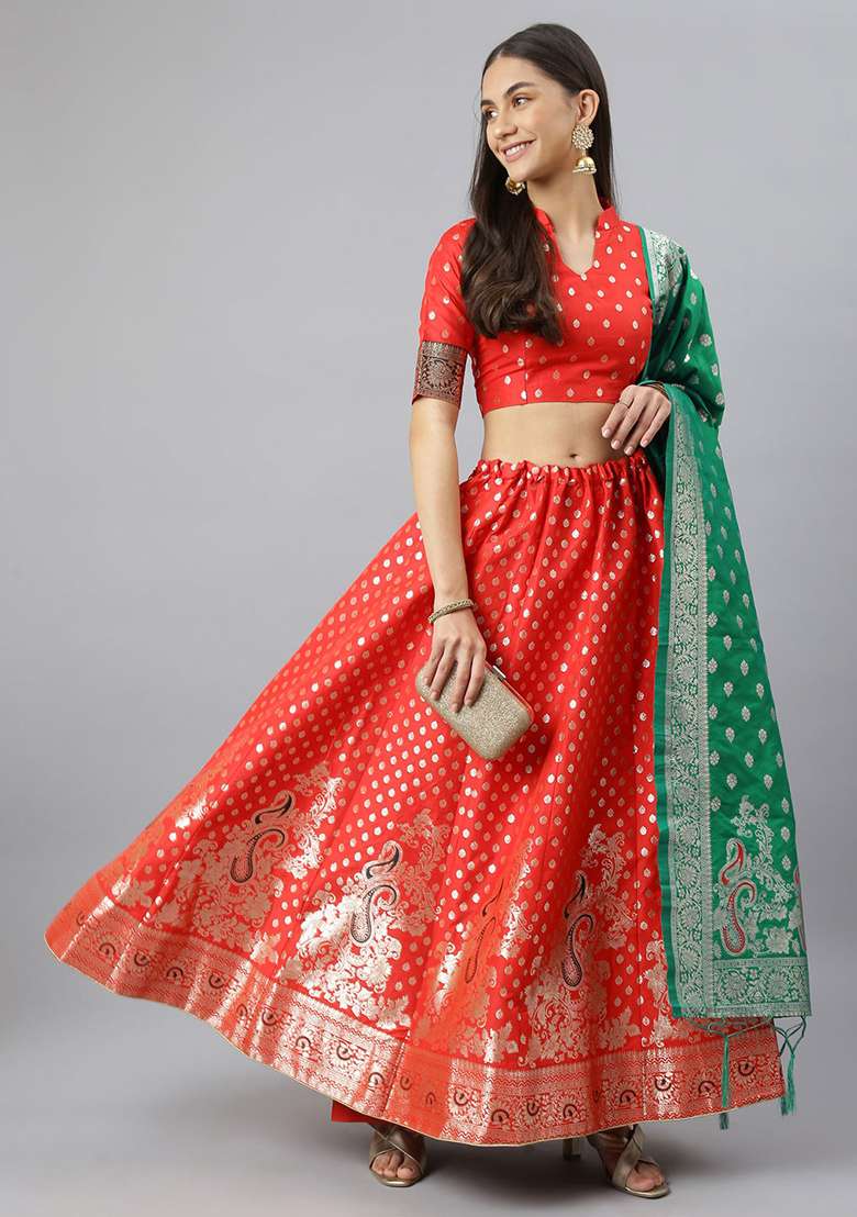 Red Woven Blend Banarasi Silk Lehenga Set for Diwali | Wedding & Festive Wear - Indya