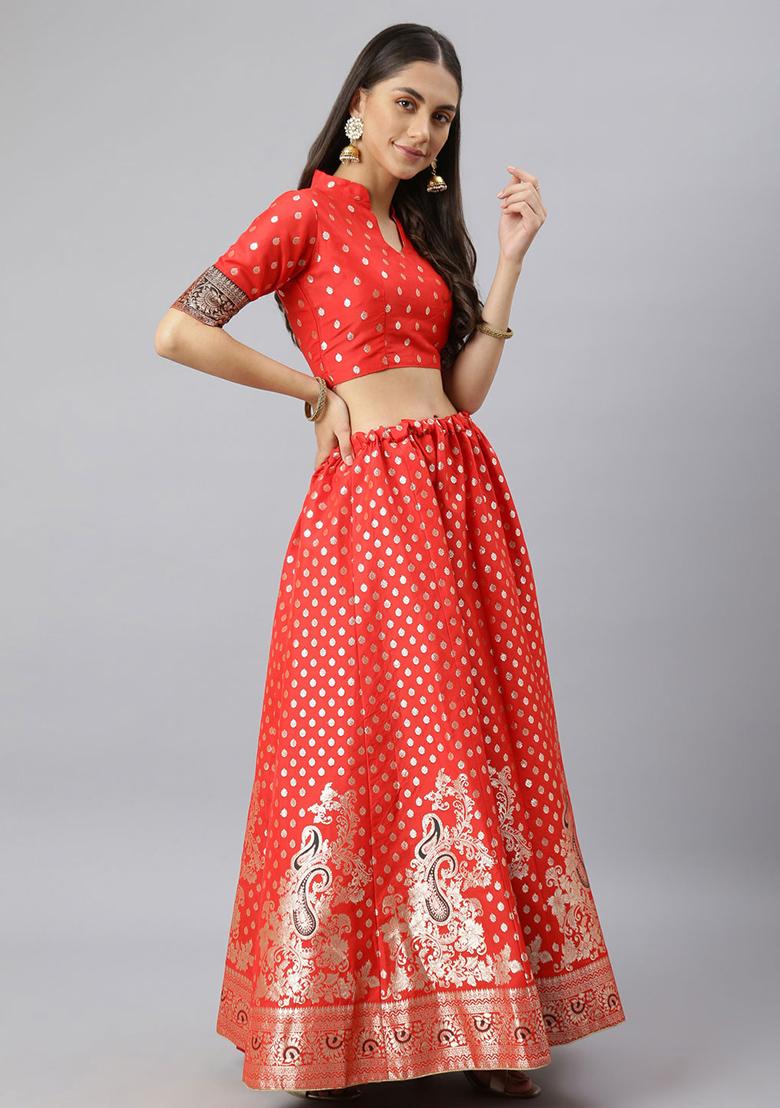 Red Woven Banarasi Silk Lehenga Set
