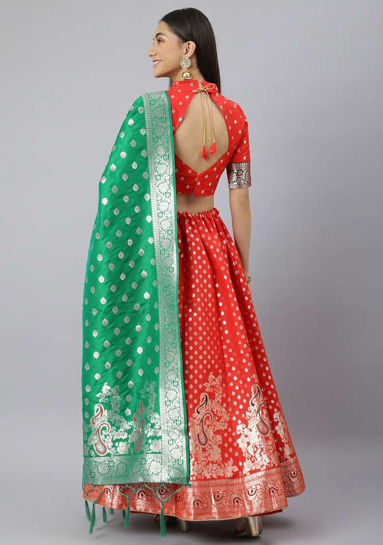 Red Woven Blend Banarasi Silk Lehenga Set for Diwali | Wedding & Festive Wear - Indya