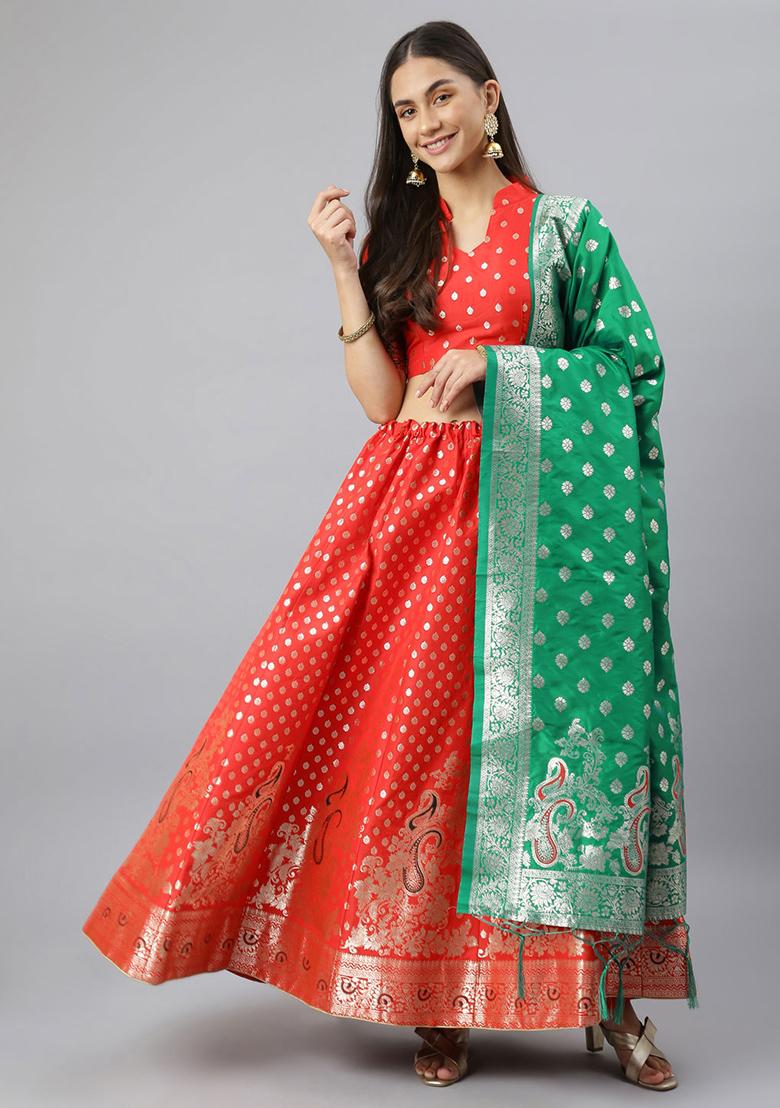 Red Woven Banarasi Silk Lehenga Set