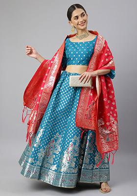 Aqua Blue Woven Banarasi Silk Lehenga Set