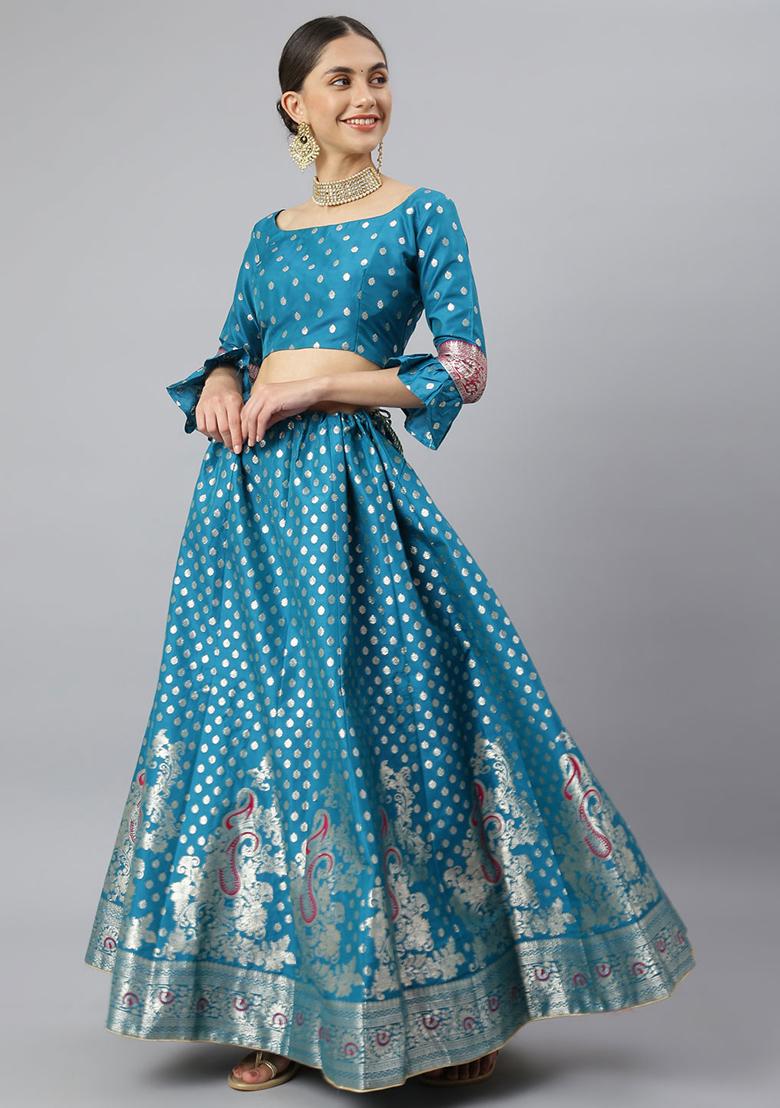 Aqua Blue Woven Banarasi Silk Lehenga Set