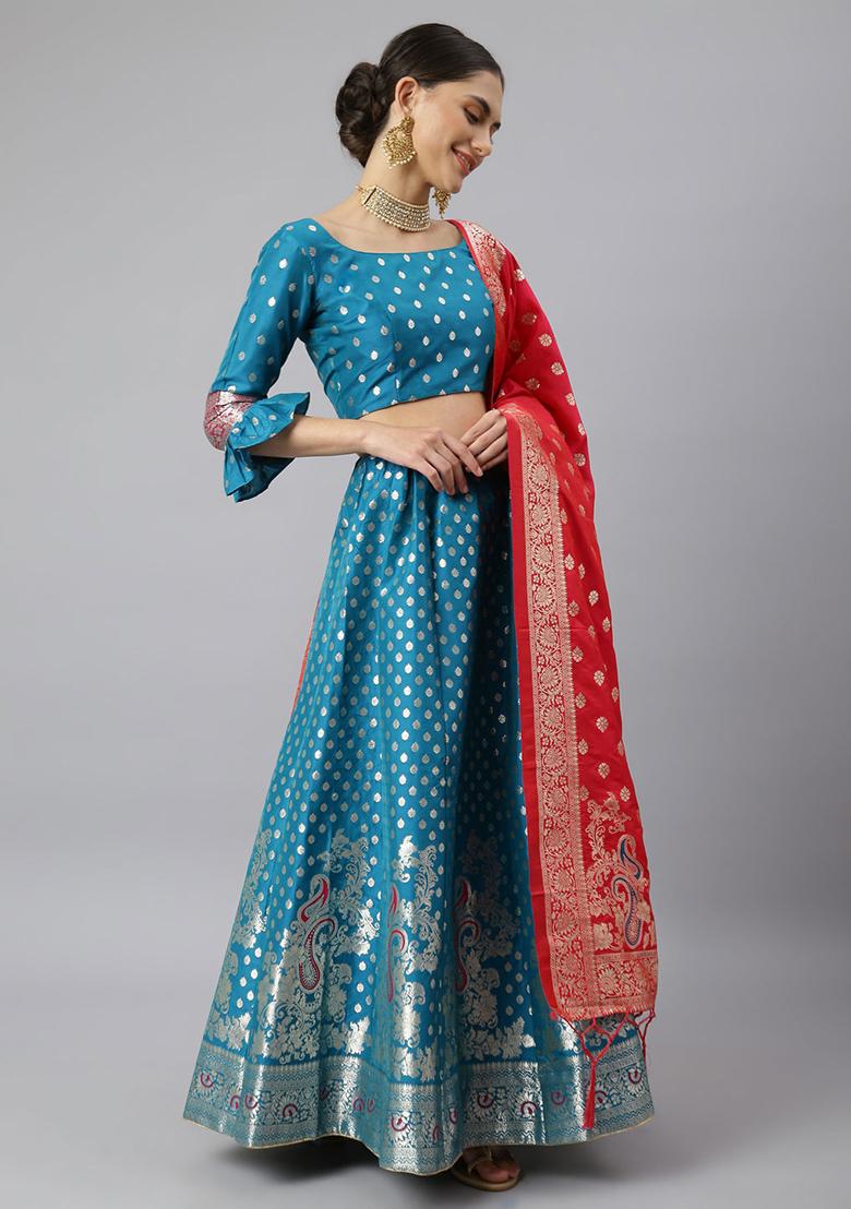 Aqua Blue Woven Banarasi Silk Lehenga Set