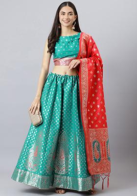 Green Woven Banarasi Silk Lehenga Set