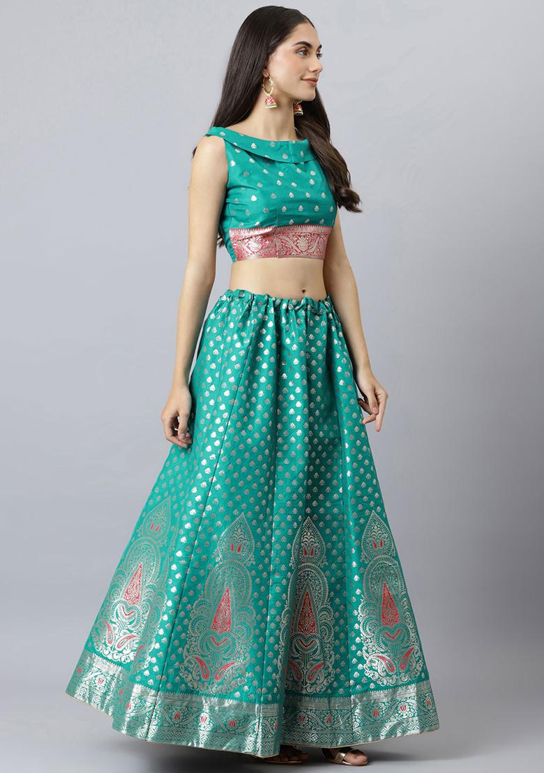 Green Woven Banarasi Silk Lehenga Set