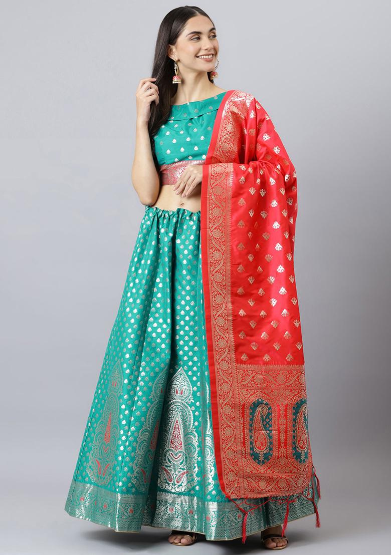 Green Woven Banarasi Silk Lehenga Set
