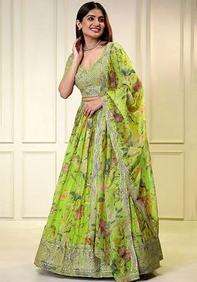 Green Printed Poly Blend Lehenga Set