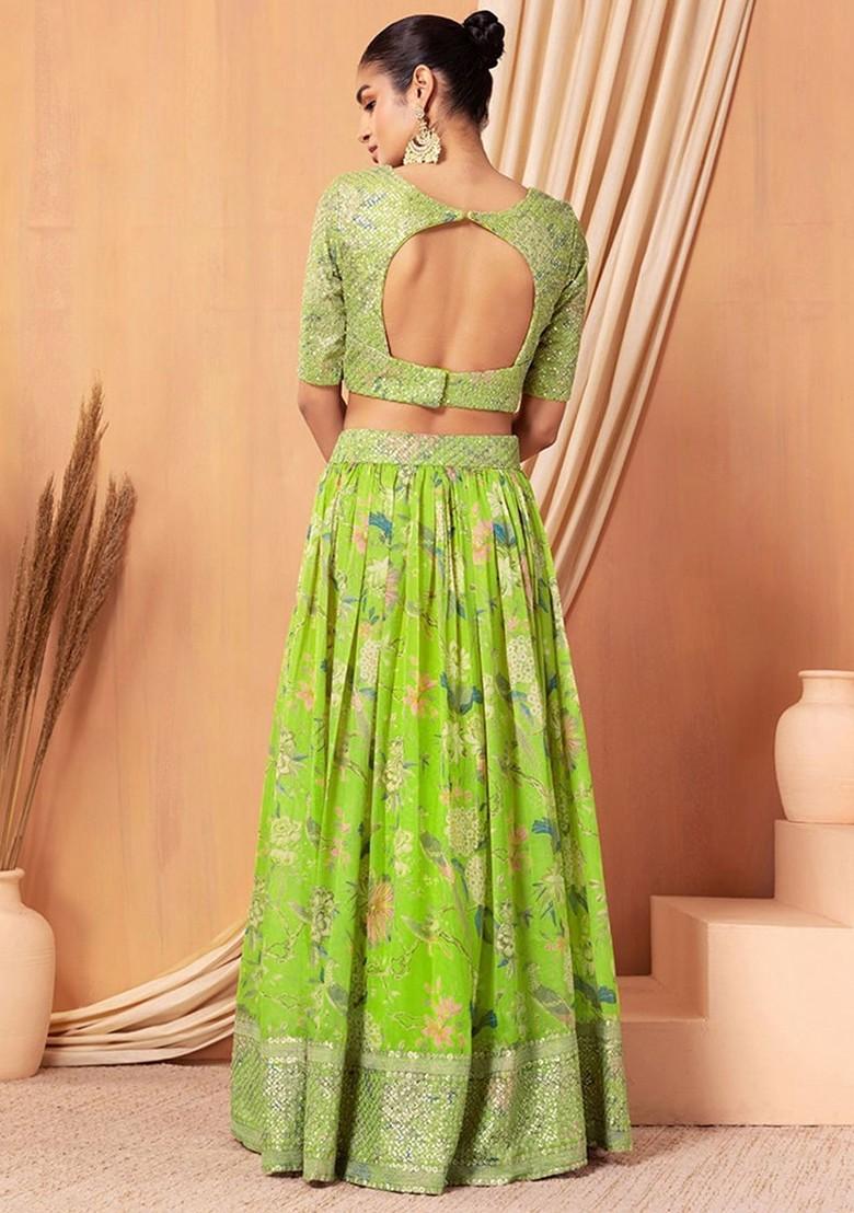 Green Printed Poly Blend Lehenga Set