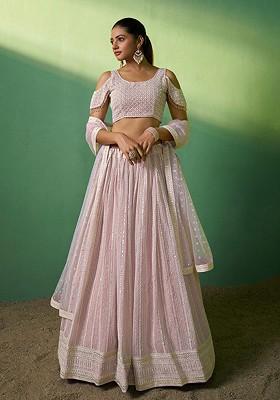 Pink Embroidered Poly Blend Lehenga Set