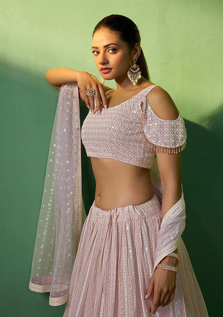 Pink Embroidered Poly Blend Lehenga Set