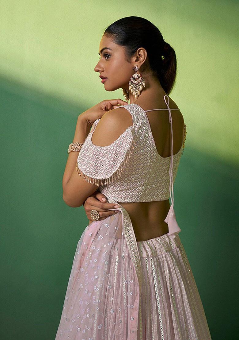 Pink Embroidered Poly Blend Lehenga Set