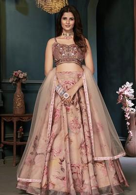Beige Mirror Work Poly Blend Lehenga Set