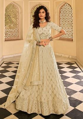 Beige Embroidered Poly Blend Lehenga Set