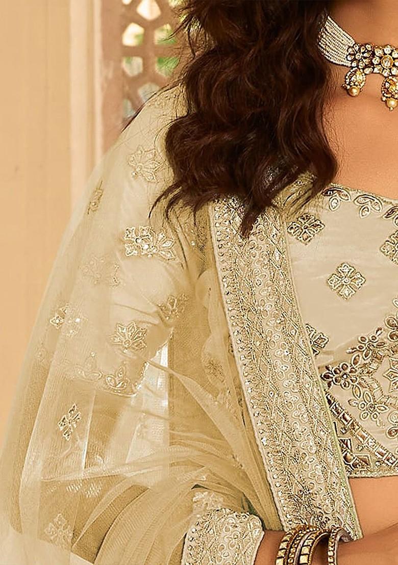 Beige Embroidered Poly Blend Lehenga Set