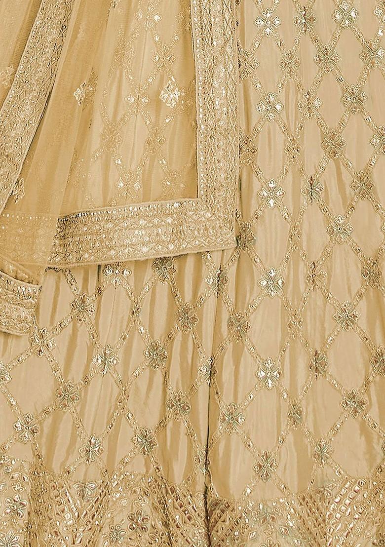Beige Embroidered Poly Blend Lehenga Set