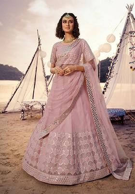 Pink Mirror Work Poly Blend Lehenga Set