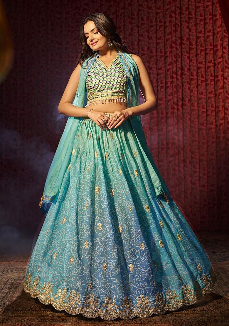 Blue Embroidered Poly Blend Lehenga Set