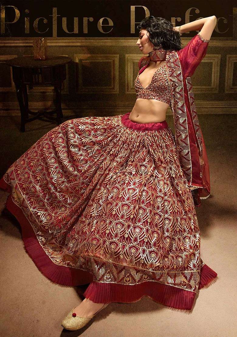 Maroon Poly Blend Lehenga Set with Embroidered for Diwali | Wedding & Festive Wear - Indya