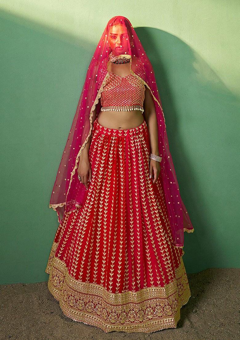 Red Embroidered Poly Blend Lehenga Set