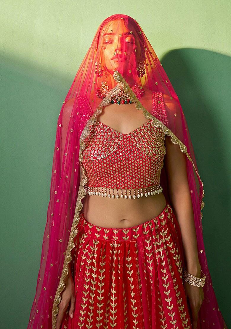 Red Embroidered Poly Blend Lehenga Set