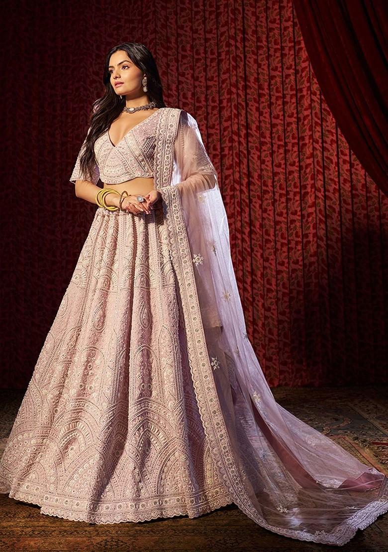 Purple Embroidered Poly Blend Lehenga Set