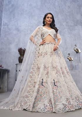 White Embroidered Poly Blend Lehenga Set