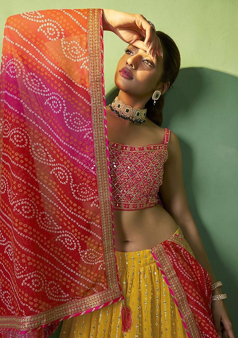 Yellow Mirror Work Poly Blend Lehenga Set