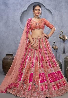 Peach Embroidered Poly Blend Lehenga Set