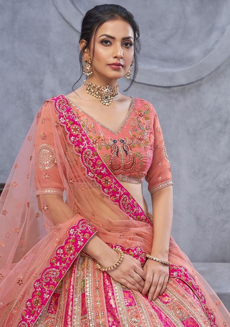 Peach Embroidered Poly Blend Lehenga Set