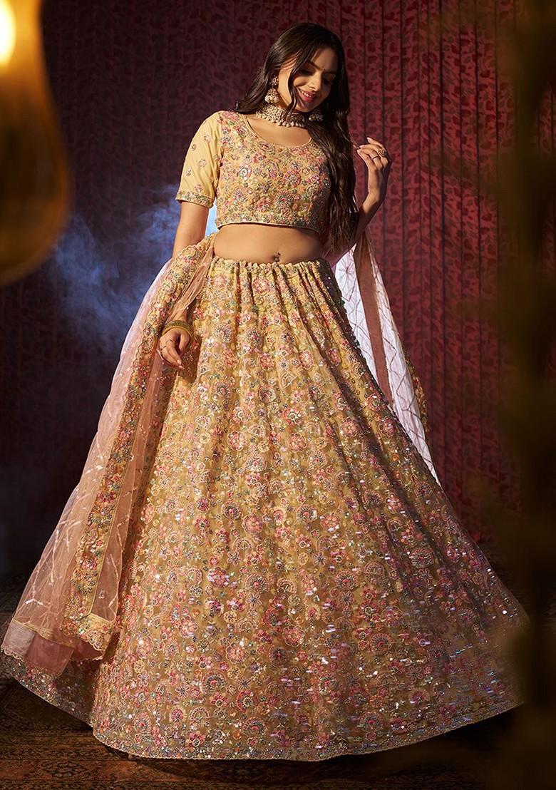 Beige Embroidered Poly Blend Lehenga Set